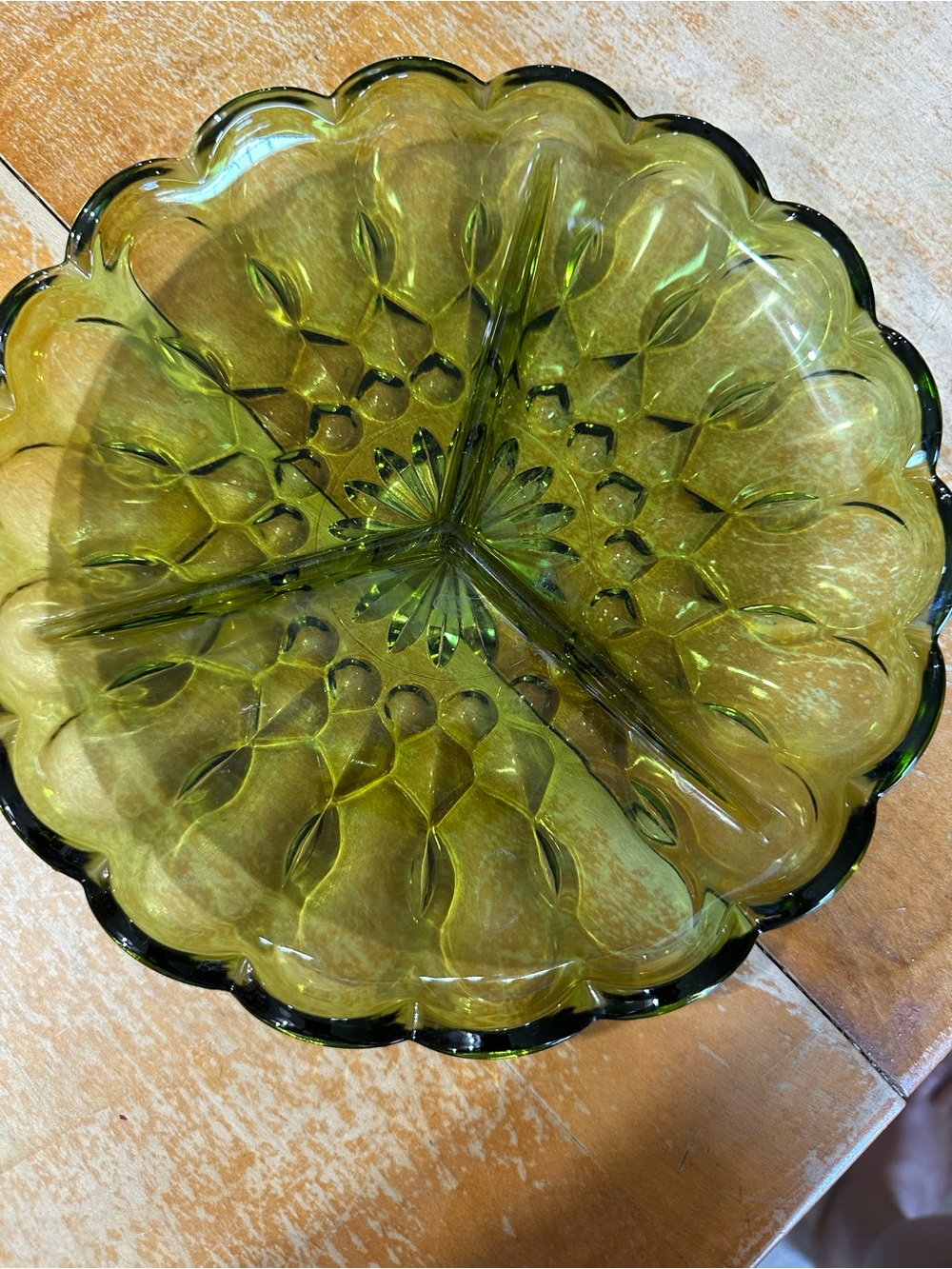 Anchor Hocking Olive Green Scalloped Divided Glass Serving Dish